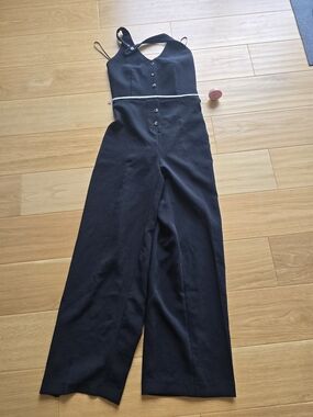 Wilfred Black Button-Front Wide-Leg Jumpsuit with Waist Tie Detail